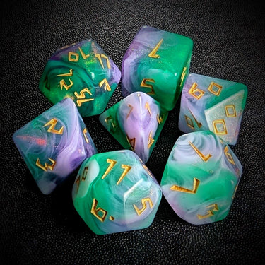 Glitter in Green & Purple Acrylic - 7pcs RPG Full Dice Set Top